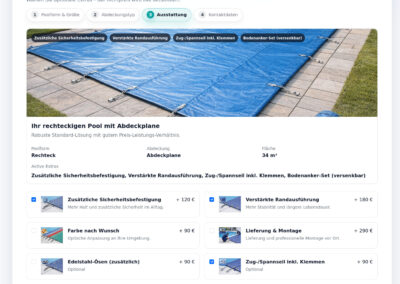 Zusätzliche Optionen wie Befestigung, Farbe oder Montage können direkt ausgewählt werden.