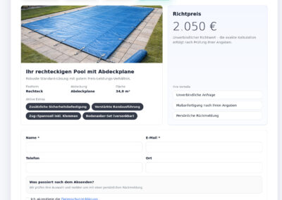 Der Pool Preisrechner berechnet sofort den Preis der Pool Abdeckplane.